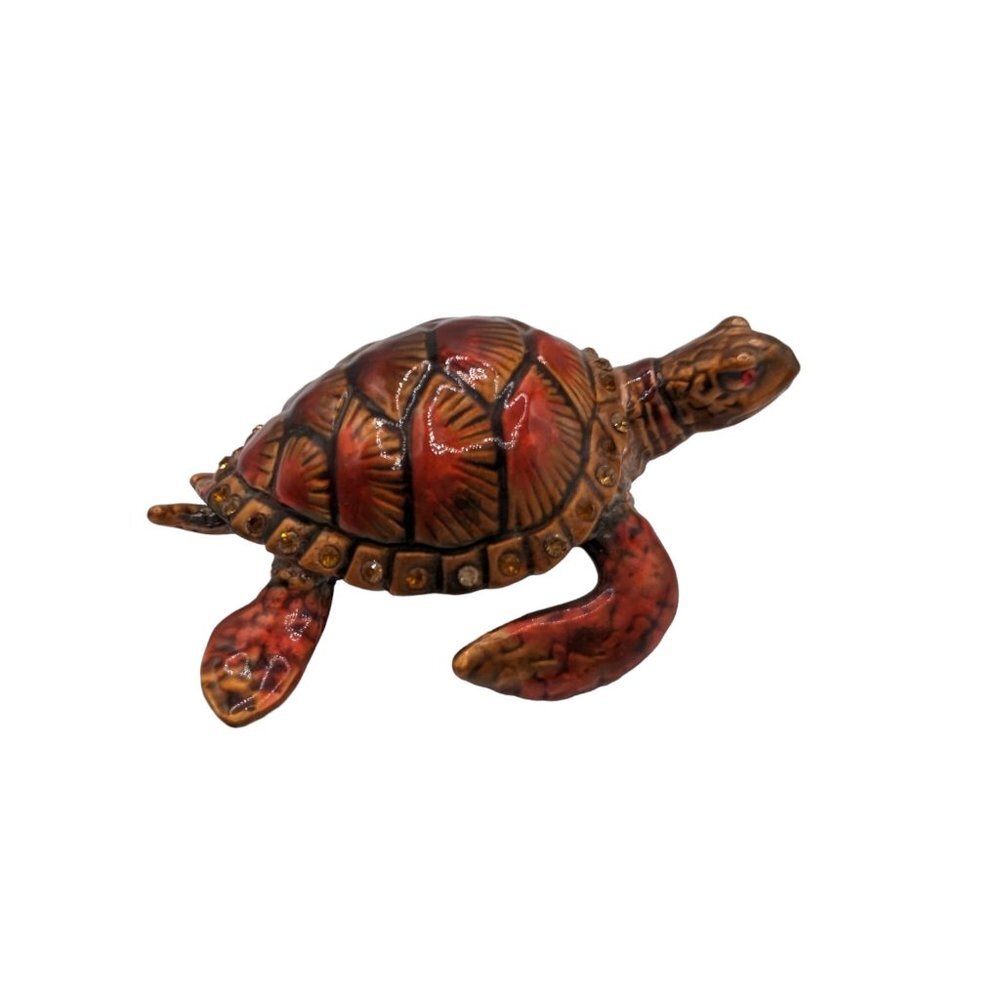 Vintage Bejeweled Sea Turtle Enameled Hinged Trinket Box Magnetic Closure 3 1/2"